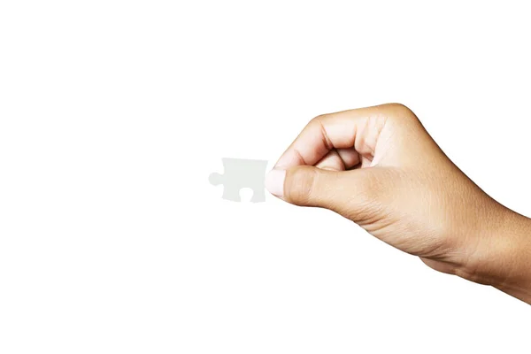 Close Holding One Puzzle Element Isolated White Background High Resolution — Stock Photo, Image