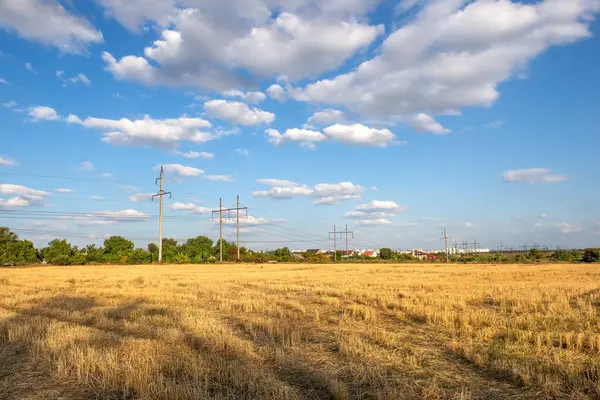Electric poles on field — Stockfoto