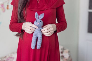 Kırmızı elbiseli ve karnında kanatları olan hamile esmer bir kadın resmi. Hamilelik, sağlık, jinekoloji, tıp kavramı. Anne bekliyor bebeğim..