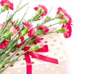 Kırmızı mini karanfil ve hediye kutusu. Anneler gününde hediye verme fikri sürpriz, düz yatış, beyaz arka plan üzerine üst manzara.