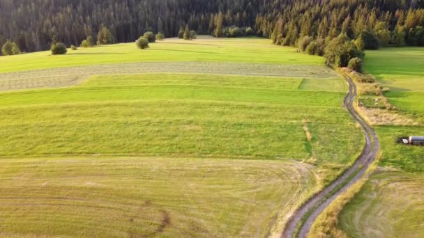 Largo Sinuoso Camino Que Pasa Por Verdes Colinas Vista Aérea — Vídeos de Stock