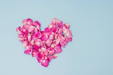 Pembe gül yapraklı kalp şeklinde. Pembe gül yapraklarından yapılmış kalp manzarası, Sevgililer Günü konsepti.,