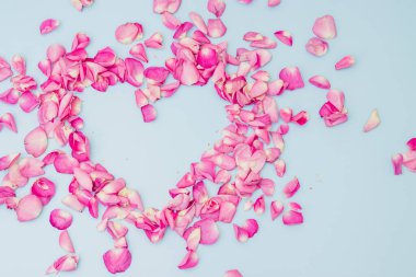 Pembe gül yapraklı kalp şeklinde. Pembe gül yapraklarından yapılmış kalp manzarası, Sevgililer Günü konsepti.,