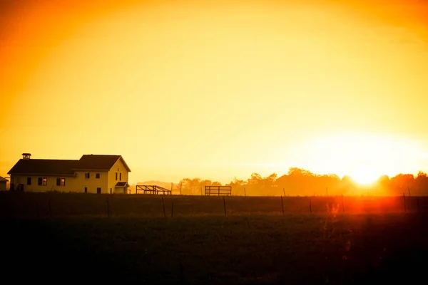 Ich Bauernhaus Und Feld Bei Sonnenaufgang Mit Leichtem Morgennebel Indiana — Stockfoto