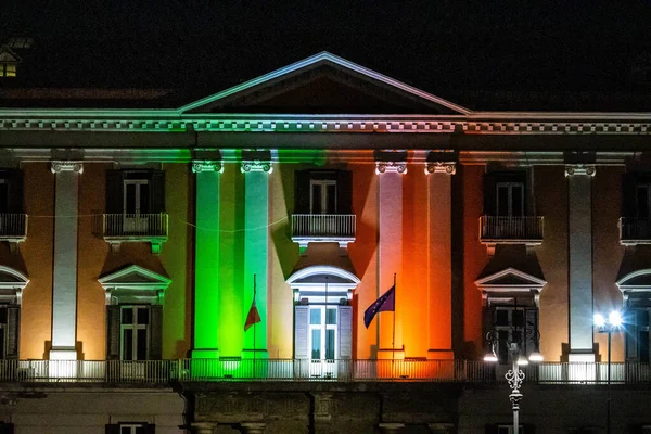 Builds Naples Italy Night Displaying Colors Italian Flag Lights Piazza — Fotografia de Stock