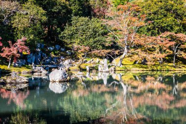 Kyoto 'daki Tenryu-Ji Tapınağı' nda sonbahar bahçesi. Gölün durgun sularına yansıyan sonbahar renkleri..