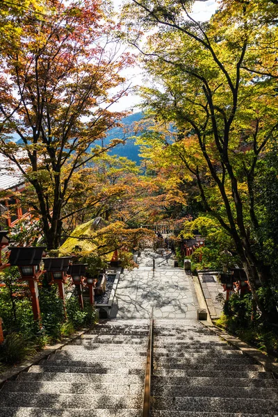 在阴天 一个传统的日本风格的木制灯柱 背后有秋天的色彩 — 图库照片