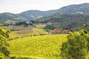 Rural view of Tuscany with rolling green hills and traditional Tuscan architecture on a partly sunny day.