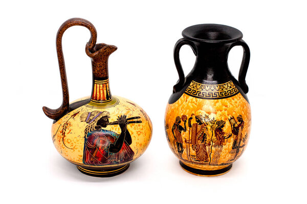 Ancient Greek vase and amphora with ornaments isolated on a white background. ceramics: ceramic amphora and vase