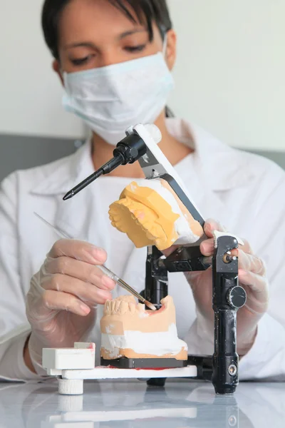 Jovem médica trabalhando em prótese dentária — Fotografia de Stock