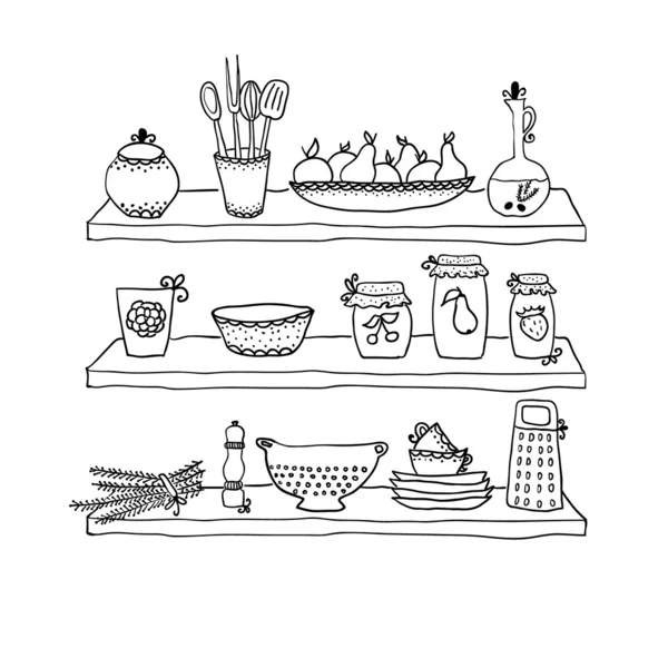 mutfak eşyaları, raflarda kroki çizim