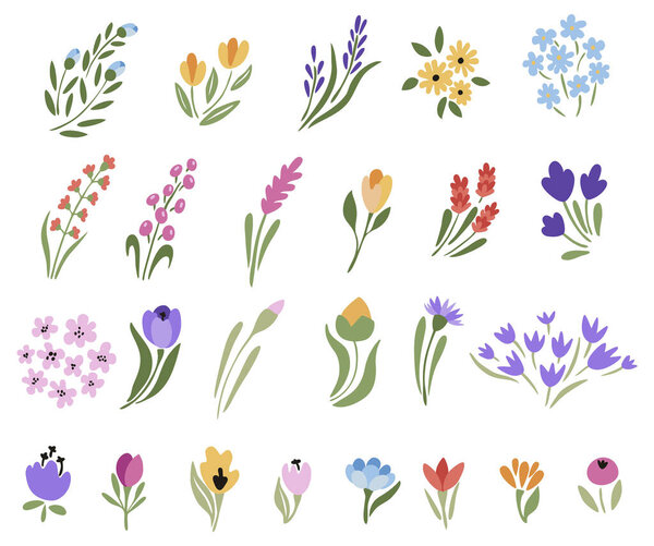A set of abstract flowers with leaves. Vector illustration.