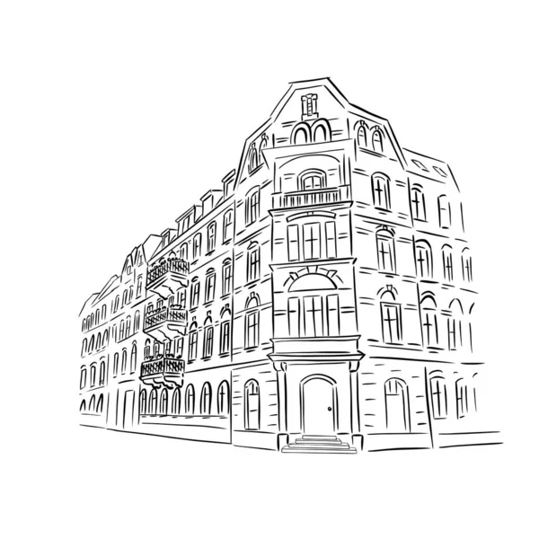 Edifício Antigo Desenhado Perspectiva Ilustração Linear Esboço —  Vetores de Stock