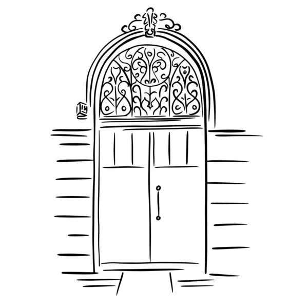 Антикварные Открытые Двери Городе Линейная Иллюстрация Эскиз — стоковый вектор