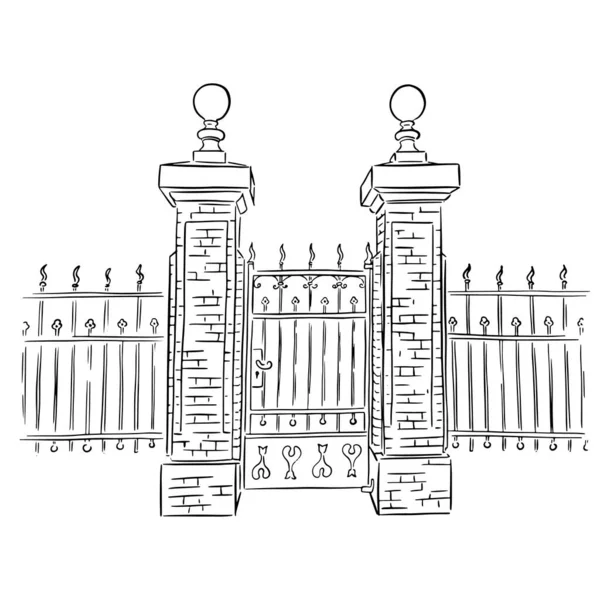 Antieke Opengewerkte Deuren Stad Lineaire Illustratie Schets — Stockvector