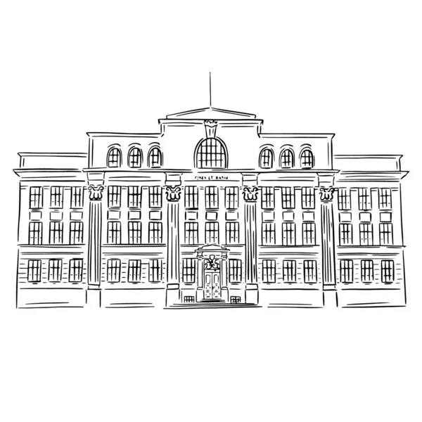 Viejo Edificio Dibujado Perspectiva Ilustración Lineal Boceto — Archivo Imágenes Vectoriales