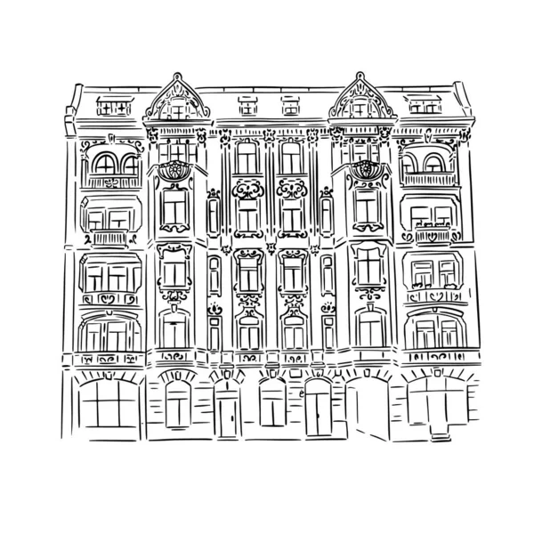 Vieux Bâtiment Dessiné Perspective Illustration Linéaire Croquis — Image vectorielle