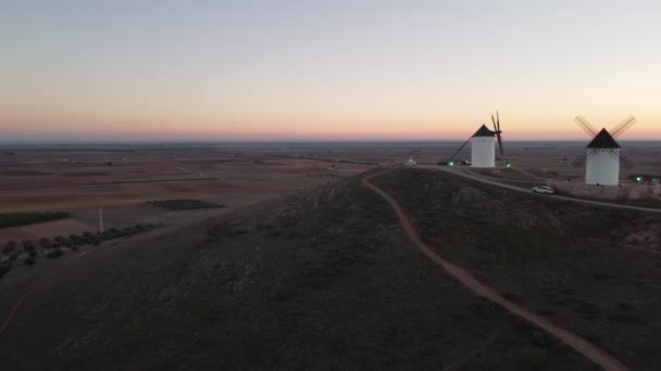 Drone Footage Four Windmills Taken Sunset Typical Scenery Castilla Mancha — Stock video