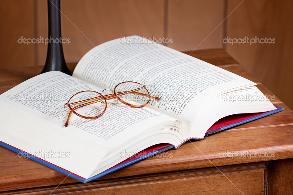 glasses, book on table