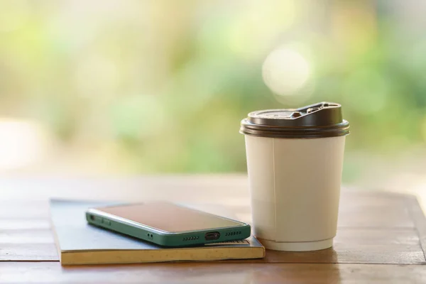 Closeup Disposable Take Away Paper Cup Hot Coffee Wooden Bar — Φωτογραφία Αρχείου