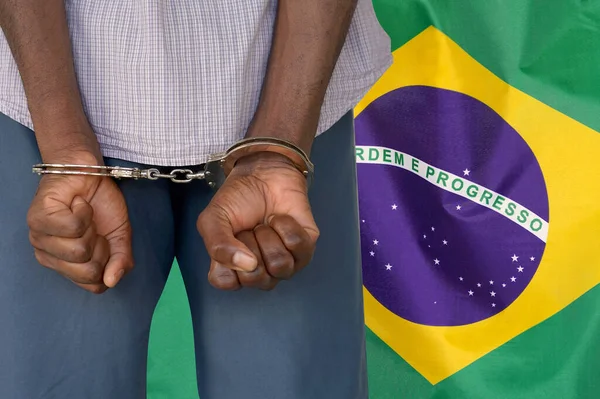 African Man Handcuffs Background Brazil Flag Back View Concept Prisons — Zdjęcie stockowe