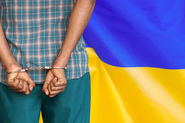 African Man Handcuffs Background Ukraine Flag Back View Concept Prisons — Fotografia de Stock