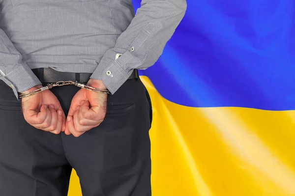 Male Handcuffs Background Ukraine Flag Back View Concept Prisons Corruption — Fotografia de Stock