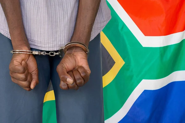 African Man Handcuffs Background South Africa Flag Back View Concept — Foto Stock