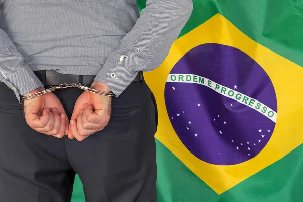 Male Handcuffs Background Brazil Flag Back View Concept Prisons Corruption — 스톡 사진