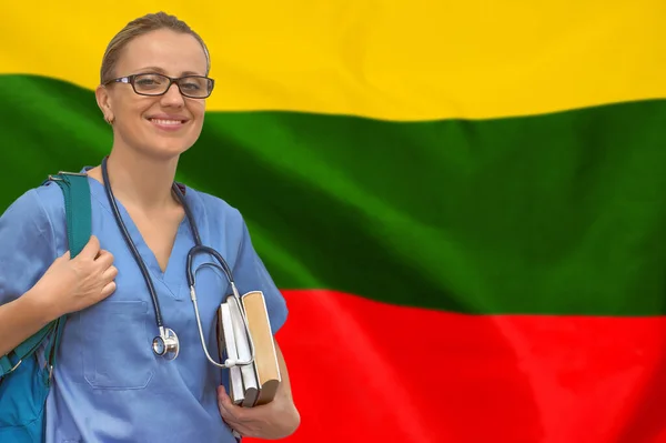 Kvinna Student Läkare Med Stetoskop Och Böcker Handen Litauens Flagga — Stockfoto