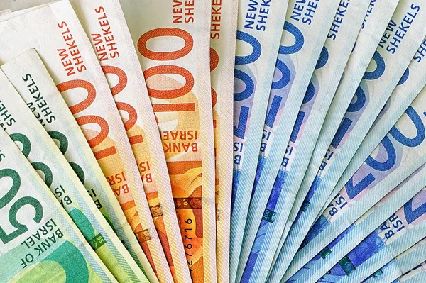 Empilhamento Dinheiro Israelense Das Novas Notas Moeda Israelense Notas 100 — Fotografia de Stock