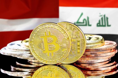 Letonya ve Irak bayrağının arka planında bitcoin 'ler var. Letonya ve Irak 'taki kripto para birimi ve engelleme teknolojisi yatırımcıları için kavram