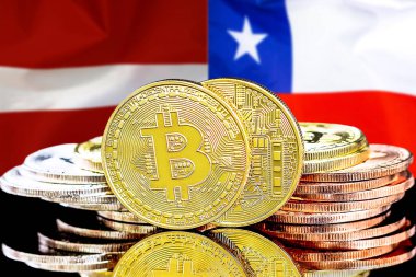 Letonya ve Şili bayrağının arka planında bitcoin 'ler var. Letonya ve Şili 'deki kripto para birimi ve engelleme teknolojisi yatırımcıları için kavram