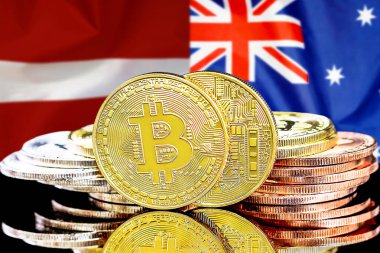Letonya ve Avustralya bayrağının arka planında bitcoinler var. Letonya ve Avustralya 'daki kripto para birimi ve engelleme teknolojisi yatırımcıları için kavram