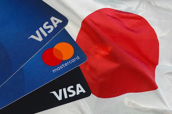 Visa Card Mastercard Debetní Karty Pozadí Japonské Vlajky Března2022 Tel — Stock fotografie