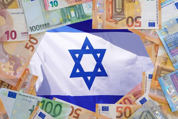 Mockup Billets Euros Sur Fond Drapeau Israélien Cadre Différent Pour — Photo