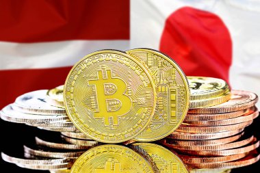 Letonya ve Japonya bayrağının arka planında bitmadeni paralar. Letonya ve Japonya 'daki kripto para birimi ve engelleme teknolojisi yatırımcıları için kavram