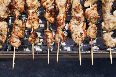 Izgarada ızgara şiş kebap. Duman kömür ızgarasında kızartılmış şiş tavuk.