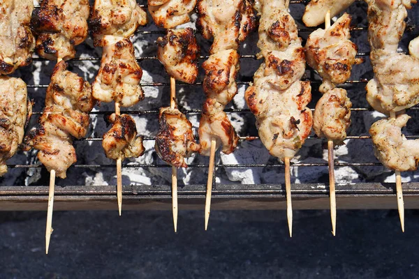 Izgarada ızgara şiş kebap. Duman kömür ızgarasında kızartılmış şiş tavuk.