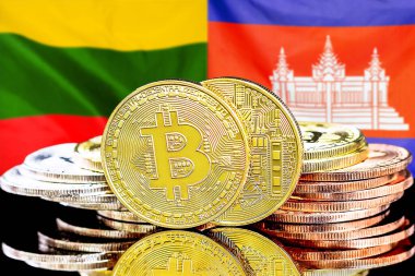 Litvanya ve Kamboçya bayrağının arka planında bitcoinler var. Litvanya ve Kamboçya 'daki kripto para birimi ve engelleme teknolojisi yatırımcıları için kavram