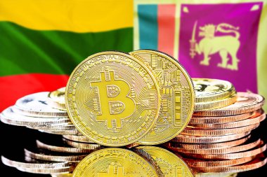 Litvanya ve Sri Lanka bayrağının arka planında bitcoinler. Litvanya ve Sri Lanka 'daki kripto para birimi ve engelleme teknolojisi yatırımcıları için kavram