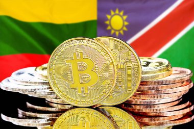 Litvanya ve Namibya bayrağının arka planında bitmadeni paralar. Litvanya ve Namibya 'daki kripto para birimi ve engelleme teknolojisi yatırımcıları için kavram