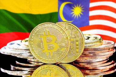 Litvanya ve Malezya bayrağının arka planında bitcoinler. Litvanya ve Malezya 'daki kripto para birimi ve engelleme teknolojisi yatırımcıları için kavram