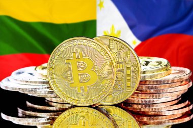 Litvanya ve Filipinler bayrağının arka planında bitcoinler. Litvanya ve Filipinler 'deki kripto para birimi ve engelleme teknolojisi yatırımcıları için kavram