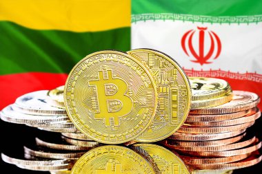 Litvanya ve İran bayrağının arka planında bitcoinler var. Litvanya ve İran 'daki kripto para birimi ve engelleme teknolojisi yatırımcıları için kavram