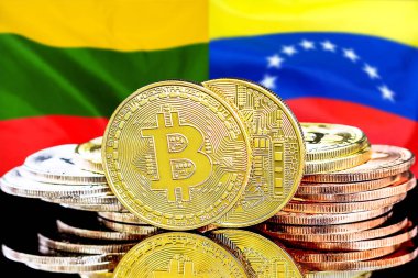 Litvanya ve Venezuela bayrağının arka planında bitcoinler var. Litvanya ve Venezuela 'daki kripto para birimi ve engelleme teknolojisi yatırımcıları için kavram
