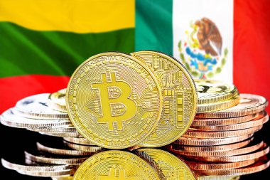 Litvanya ve Meksika bayrağının arka planında bitcoinler var. Litvanya ve Meksika 'daki kripto para birimi ve engelleme teknolojisi yatırımcıları için kavram