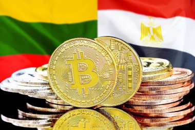 Litvanya ve Mısır bayrağının arka planında bitmadeni paralar. Litvanya ve Mısır 'daki kripto para birimi ve engelleme teknolojisi yatırımcıları için kavram