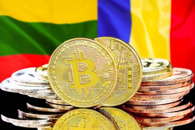 Litvanya ve Moldova bayrağının arka planında bitcoinler. Litvanya ve Moldova 'daki kripto para birimi ve engelleme teknolojisi yatırımcıları için kavram