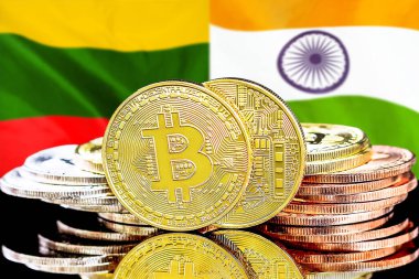 Litvanya ve Hindistan bayrağının arka planında bitmadeni paralar. Litvanya ve Hindistan 'daki kripto para birimi ve engelleme teknolojisi yatırımcıları için kavram